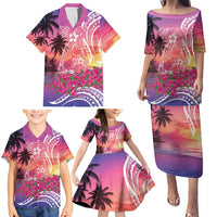 Guam Latte Stone with Map Family Matching Puletasi and Hawaiian Shirt Bougainvillea Beach Sunset LT9 - Polynesian Pride