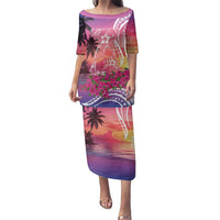 Guam Latte Stone with Map Family Matching Puletasi and Hawaiian Shirt Bougainvillea Beach Sunset LT9 Mom's Dress Sunset - Polynesian Pride