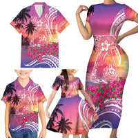 Guam Latte Stone with Map Family Matching Short Sleeve Bodycon Dress and Hawaiian Shirt Bougainvillea Beach Sunset LT9 - Polynesian Pride