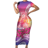 Guam Latte Stone with Map Family Matching Short Sleeve Bodycon Dress and Hawaiian Shirt Bougainvillea Beach Sunset LT9 Mom's Dress Sunset - Polynesian Pride