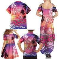 Guam Latte Stone with Map Family Matching Summer Maxi Dress and Hawaiian Shirt Bougainvillea Beach Sunset LT9 - Polynesian Pride