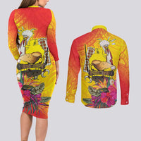 Papua New Guinea Cultural Tropical Flowers Couples Matching Long Sleeve Bodycon Dress and Long Sleeve Button Shirt LT9 - Polynesian Pride