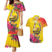 Papua New Guinea Cultural Tropical Flowers Couples Matching Mermaid Dress and Hawaiian Shirt LT9 Gold - Polynesian Pride