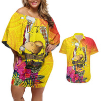 Papua New Guinea Cultural Tropical Flowers Couples Matching Off Shoulder Short Dress and Hawaiian Shirt LT9 Gold - Polynesian Pride