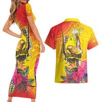 Papua New Guinea Cultural Tropical Flowers Couples Matching Short Sleeve Bodycon Dress and Hawaiian Shirt LT9 - Polynesian Pride
