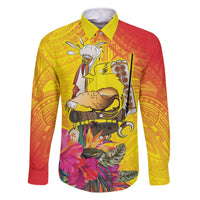 Papua New Guinea Cultural Tropical Flowers Family Matching Off The Shoulder Long Sleeve Dress and Hawaiian Shirt LT9 Dad's Shirt - Long Sleeve Gold - Polynesian Pride