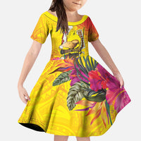 Papua New Guinea Cultural Tropical Flowers Family Matching Puletasi and Hawaiian Shirt LT9 Daughter's Dress Gold - Polynesian Pride