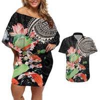 Personalized Japanese Koi Fish Couples Matching Off Shoulder Short Dress and Hawaiian Shirt with Polynesian Pattern