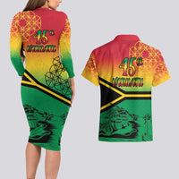 Hapi 45th Indipendens Dei Vanuatu Couples Matching Long Sleeve Bodycon Dress and Hawaiian Shirt Yumi 1980 with Vanuatuan Beach Landscape LT9 - Polynesian Pride