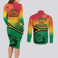 Hapi 45th Indipendens Dei Vanuatu Couples Matching Long Sleeve Bodycon Dress and Long Sleeve Button Shirt Yumi 1980 with Vanuatuan Beach Landscape LT9 - Polynesian Pride
