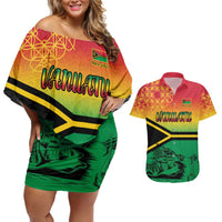 Hapi 45th Indipendens Dei Vanuatu Couples Matching Off Shoulder Short Dress and Hawaiian Shirt Yumi 1980 with Vanuatuan Beach Landscape LT9 Red - Polynesian Pride