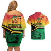 Hapi 45th Indipendens Dei Vanuatu Couples Matching Off Shoulder Short Dress and Hawaiian Shirt Yumi 1980 with Vanuatuan Beach Landscape LT9 - Polynesian Pride