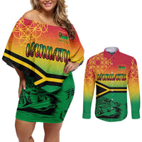 Hapi 45th Indipendens Dei Vanuatu Couples Matching Off Shoulder Short Dress and Long Sleeve Button Shirt Yumi 1980 with Vanuatuan Beach Landscape LT9 Red - Polynesian Pride