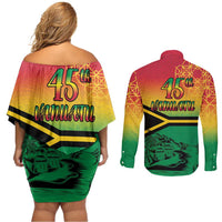 Hapi 45th Indipendens Dei Vanuatu Couples Matching Off Shoulder Short Dress and Long Sleeve Button Shirt Yumi 1980 with Vanuatuan Beach Landscape LT9 - Polynesian Pride