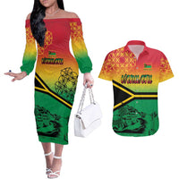 Hapi 45th Indipendens Dei Vanuatu Couples Matching Off The Shoulder Long Sleeve Dress and Hawaiian Shirt Yumi 1980 with Vanuatuan Beach Landscape LT9 Red - Polynesian Pride