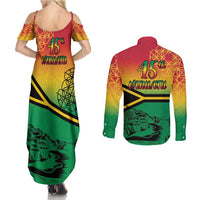 Hapi 45th Indipendens Dei Vanuatu Couples Matching Summer Maxi Dress and Long Sleeve Button Shirt Yumi 1980 with Vanuatuan Beach Landscape LT9 - Polynesian Pride