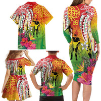 Vanuatu 45th Anniversary Family Matching Long Sleeve Bodycon Dress and Hawaiian Shirt Polynesian with Sand Drawing Pattern LT9 - Polynesian Pride