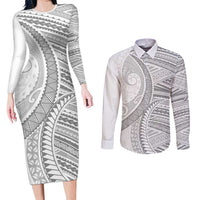 American Samoa White Sunday Couples Matching Long Sleeve Bodycon Dress and Long Sleeve Button Shirt Polynesian Lotu Tamaiti LT9 White - Polynesian Pride
