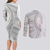 American Samoa White Sunday Couples Matching Long Sleeve Bodycon Dress and Long Sleeve Button Shirt Polynesian Lotu Tamaiti LT9 - Polynesian Pride