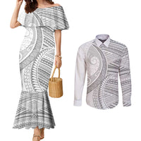American Samoa White Sunday Couples Matching Mermaid Dress and Long Sleeve Button Shirt Polynesian Lotu Tamaiti LT9 White - Polynesian Pride