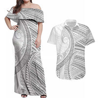 American Samoa White Sunday Couples Matching Off Shoulder Maxi Dress and Hawaiian Shirt Polynesian Lotu Tamaiti LT9 White - Polynesian Pride