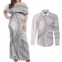 American Samoa White Sunday Couples Matching Off Shoulder Maxi Dress and Long Sleeve Button Shirt Polynesian Lotu Tamaiti LT9 White - Polynesian Pride