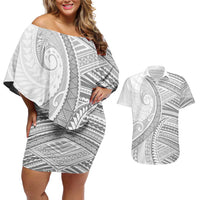 American Samoa White Sunday Couples Matching Off Shoulder Short Dress and Hawaiian Shirt Polynesian Lotu Tamaiti LT9 White - Polynesian Pride