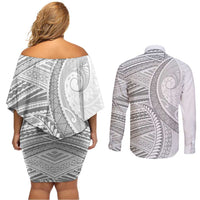 American Samoa White Sunday Couples Matching Off Shoulder Short Dress and Long Sleeve Button Shirt Polynesian Lotu Tamaiti LT9 - Polynesian Pride
