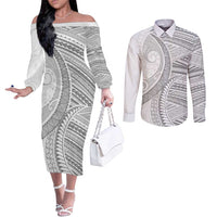 American Samoa White Sunday Couples Matching Off The Shoulder Long Sleeve Dress and Long Sleeve Button Shirt Polynesian Lotu Tamaiti LT9 White - Polynesian Pride