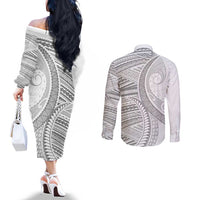 American Samoa White Sunday Couples Matching Off The Shoulder Long Sleeve Dress and Long Sleeve Button Shirt Polynesian Lotu Tamaiti LT9 - Polynesian Pride