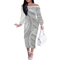 American Samoa White Sunday Family Matching Off The Shoulder Long Sleeve Dress and Hawaiian Shirt Polynesian Lotu Tamaiti LT9 Mom's Dress White - Polynesian Pride