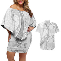Niue White Sunday Couples Matching Off Shoulder Short Dress and Hawaiian Shirt Niuean Lotu Tamaiti Hiapo Pattern LT9 White - Polynesian Pride