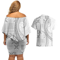 Niue White Sunday Couples Matching Off Shoulder Short Dress and Hawaiian Shirt Niuean Lotu Tamaiti Hiapo Pattern LT9 - Polynesian Pride