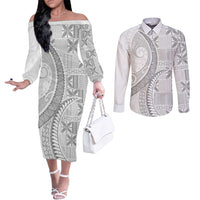Niue White Sunday Couples Matching Off The Shoulder Long Sleeve Dress and Long Sleeve Button Shirt Niuean Lotu Tamaiti Hiapo Pattern LT9 White - Polynesian Pride