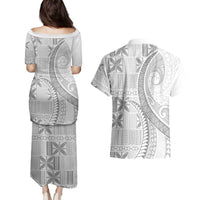 Niue White Sunday Couples Matching Puletasi and Hawaiian Shirt Niuean Lotu Tamaiti Hiapo Pattern LT9 - Polynesian Pride