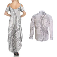 Niue White Sunday Couples Matching Summer Maxi Dress and Long Sleeve Button Shirt Niuean Lotu Tamaiti Hiapo Pattern LT9 - Polynesian Pride