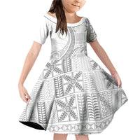 Niue White Sunday Family Matching Off Shoulder Short Dress and Hawaiian Shirt Niuean Lotu Tamaiti Hiapo Pattern LT9 Daughter's Dress White - Polynesian Pride