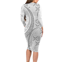 Niue White Sunday Long Sleeve Bodycon Dress Niuean Lotu Tamaiti Hiapo Pattern LT9 - Polynesian Pride