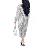 Niue White Sunday Off The Shoulder Long Sleeve Dress Niuean Lotu Tamaiti Hiapo Pattern LT9 - Polynesian Pride