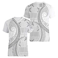 Niue White Sunday Women V-Neck T-Shirt Niuean Lotu Tamaiti Hiapo Pattern LT9 - Polynesian Pride
