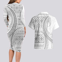 Polynesian White Sunday Couples Matching Long Sleeve Bodycon Dress and Hawaiian Shirt Lotu Tamaiti Melanesian Pattern LT9 - Polynesian Pride