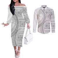 Polynesian White Sunday Couples Matching Off The Shoulder Long Sleeve Dress and Long Sleeve Button Shirt Lotu Tamaiti Melanesian Pattern LT9 White - Polynesian Pride