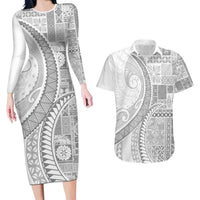 Samoa Siapo White Sunday Couples Matching Long Sleeve Bodycon Dress and Hawaiian Shirt Lotu Tamaiti Polynesian White Pattern LT9 White - Polynesian Pride