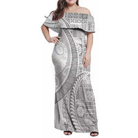 Samoa Siapo White Sunday Family Matching Off Shoulder Maxi Dress and Hawaiian Shirt Lotu Tamaiti Polynesian White Pattern LT9 Mom's Dress White - Polynesian Pride