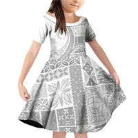 Samoa Siapo White Sunday Family Matching Off Shoulder Short Dress and Hawaiian Shirt Lotu Tamaiti Polynesian White Pattern LT9 Daughter's Dress White - Polynesian Pride