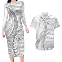 Tokelau White Sunday Couples Matching Long Sleeve Bodycon Dress and Hawaiian Shirt Lotu Tamaiti Ngatu Tokelau Feletoa Manulua LT9 White - Polynesian Pride