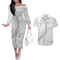 Tokelau White Sunday Couples Matching Off The Shoulder Long Sleeve Dress and Hawaiian Shirt Lotu Tamaiti Ngatu Tokelau Feletoa Manulua LT9 White - Polynesian Pride