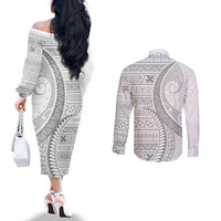 Tokelau White Sunday Couples Matching Off The Shoulder Long Sleeve Dress and Long Sleeve Button Shirt Lotu Tamaiti Ngatu Tokelau Feletoa Manulua LT9 - Polynesian Pride