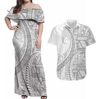 Tonga White Sunday Couples Matching Off Shoulder Maxi Dress and Hawaiian Shirt Lotu Tamaiti Ngatu Tribal LT9 White - Polynesian Pride