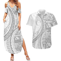 Tonga White Sunday Couples Matching Summer Maxi Dress and Hawaiian Shirt Lotu Tamaiti Ngatu Tribal LT9 White - Polynesian Pride